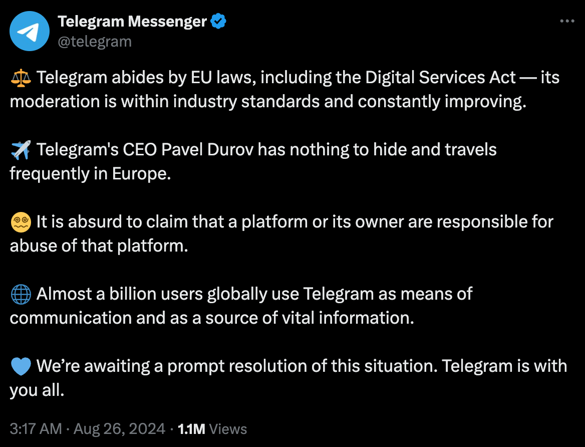 俄羅斯當局要求探視Pavel Durov，Telegram聲明：平台對濫用負責很荒謬