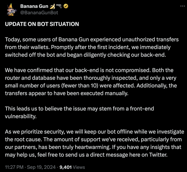 Banana Gun 團隊調查錢包被盜事件，Telegram 機器人已下線