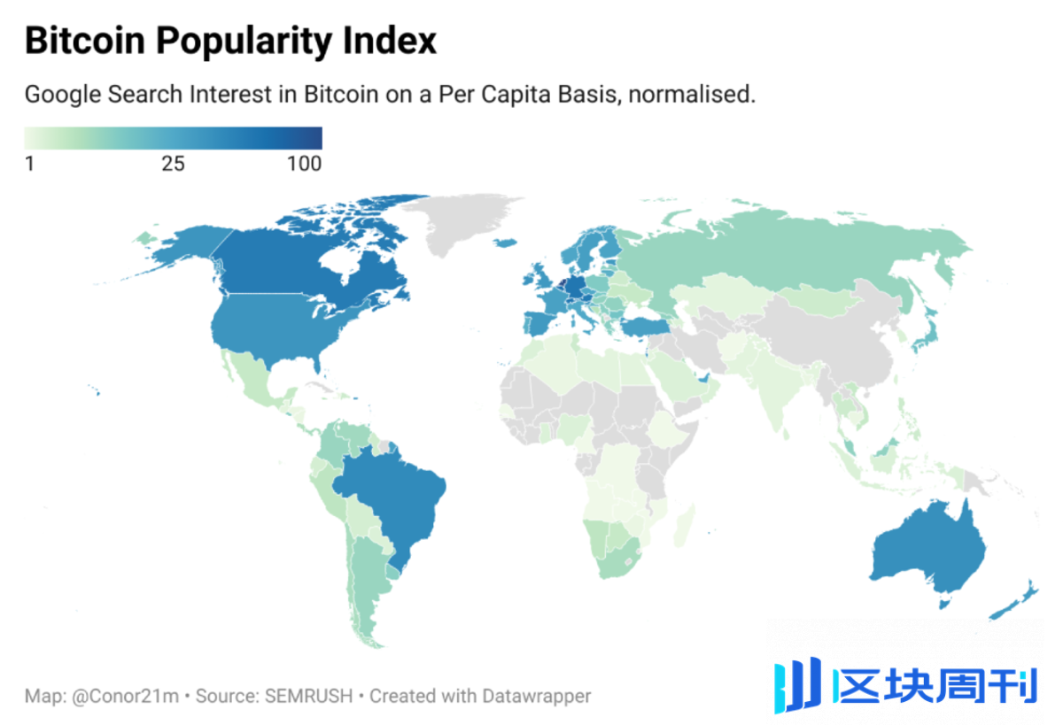 全球各国比特币兴趣指数排行：前十名欧洲国家占7 席-区块周刊BlockWeeks