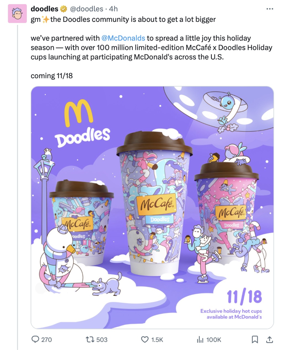 藍籌 NFT Doodles 與麥當勞合作 McCafé 假日限量杯，市價上漲三成