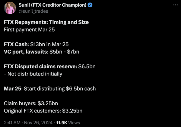 FTX 債權人 Sunil：FTX 將於 2025 年 3/25 還款，已有半數債權轉賣