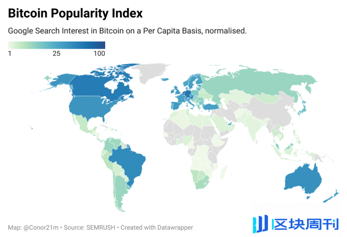 全球各国比特币兴趣指数排行：前十名欧洲国家占7席