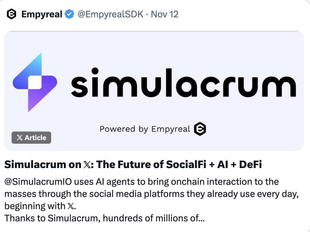 了解 Simmi 和 Empyereal：AI Agent 新热点，用社媒账号直接进行链上代币操作