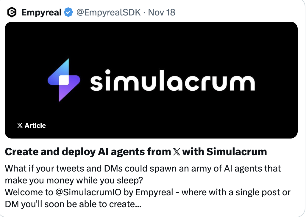 了解 Simmi 和 Empyereal：AI Agent 新热点，用社媒账号直接进行链上代币操作