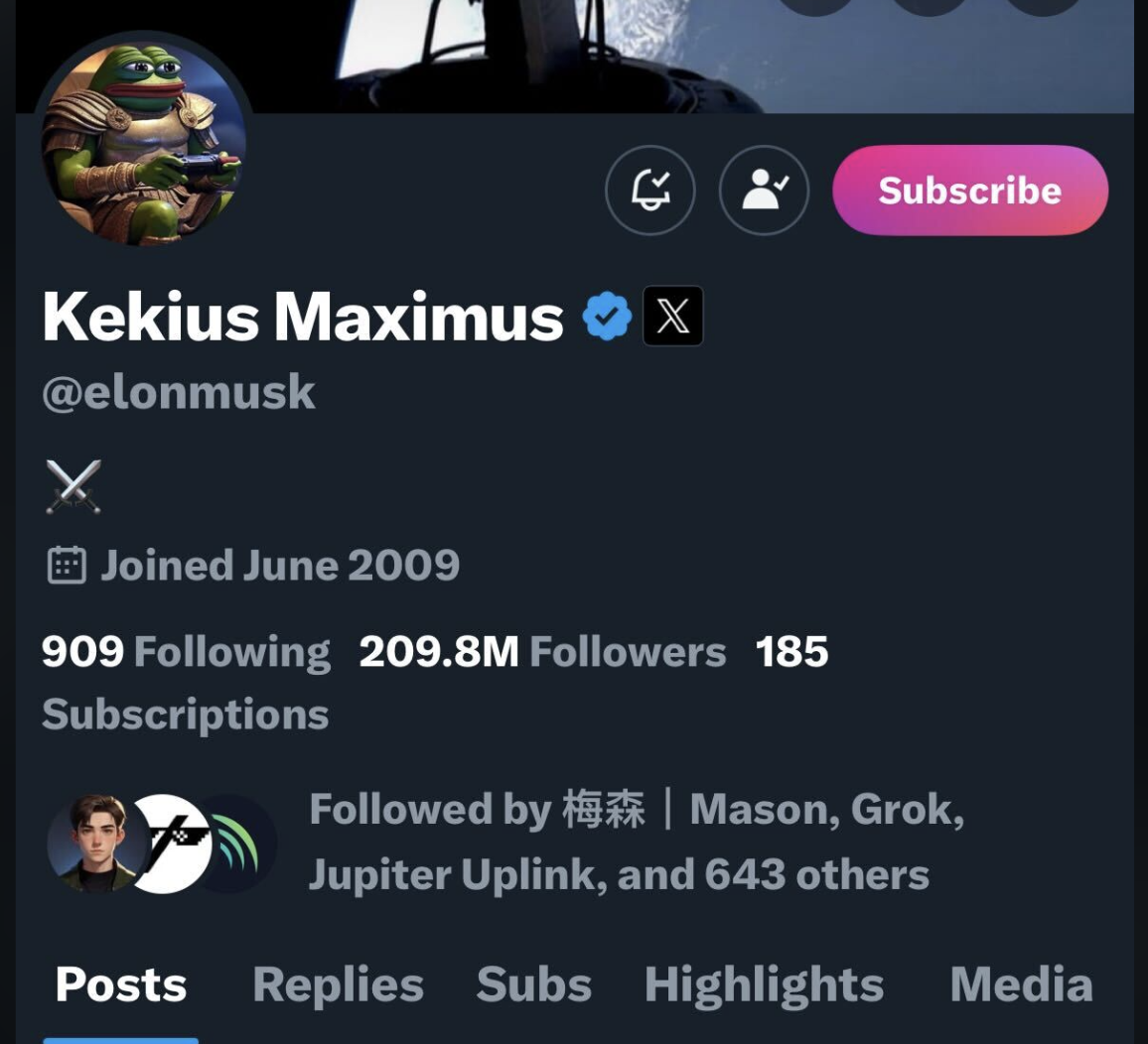 Kekius Maximus 相關迷因幣於馬斯克還原推特後曇花一現，當日暴跌超過 50％