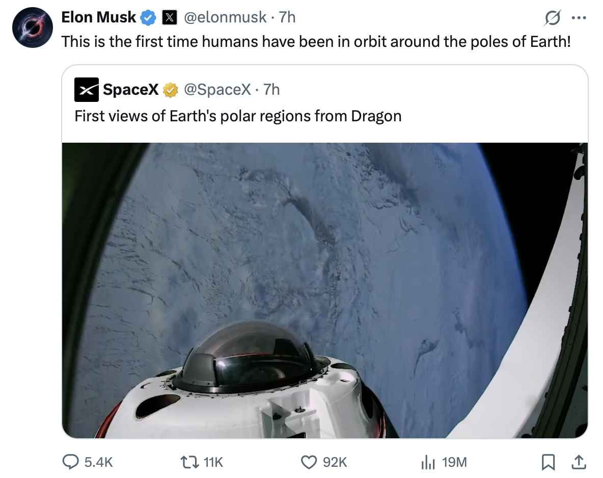 SpaceX 首次在極地發射載人太空梭飛越南北極，為人類移民火星鋪路