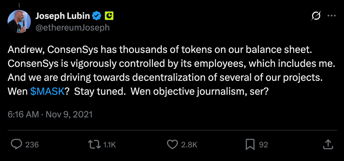 MASK 到底發不發？MetaMask 創辦人：要發一定會通知，不會私訊發空投
