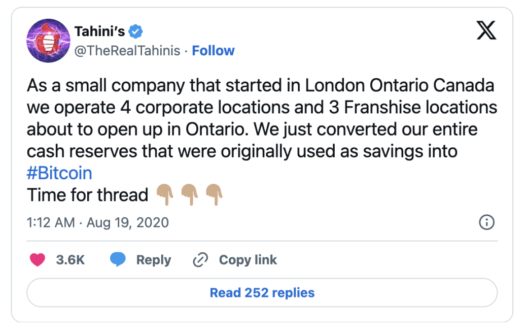 70%比特币储备，加拿大快餐店Tahini's如何硬刚麦当劳？
