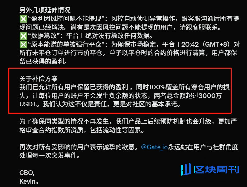Gate.io回应LA合约异常：赔偿所有「穿仓用户」总额超3000万USDT