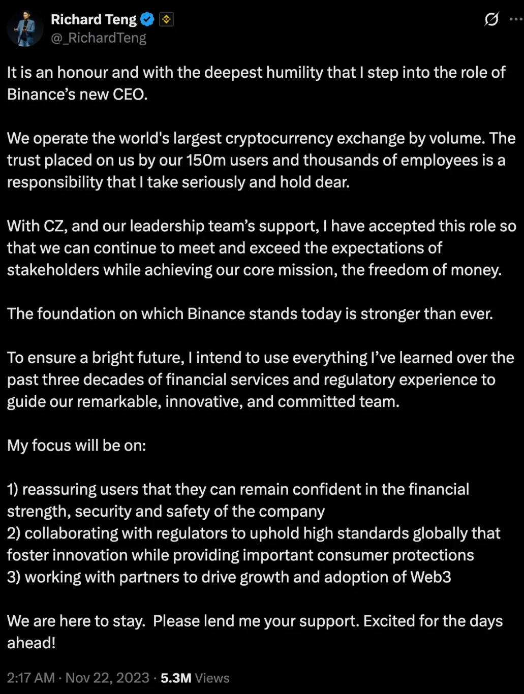 Richard Teng：在赵长鹏「阴影」下，执掌币安走出至暗时刻