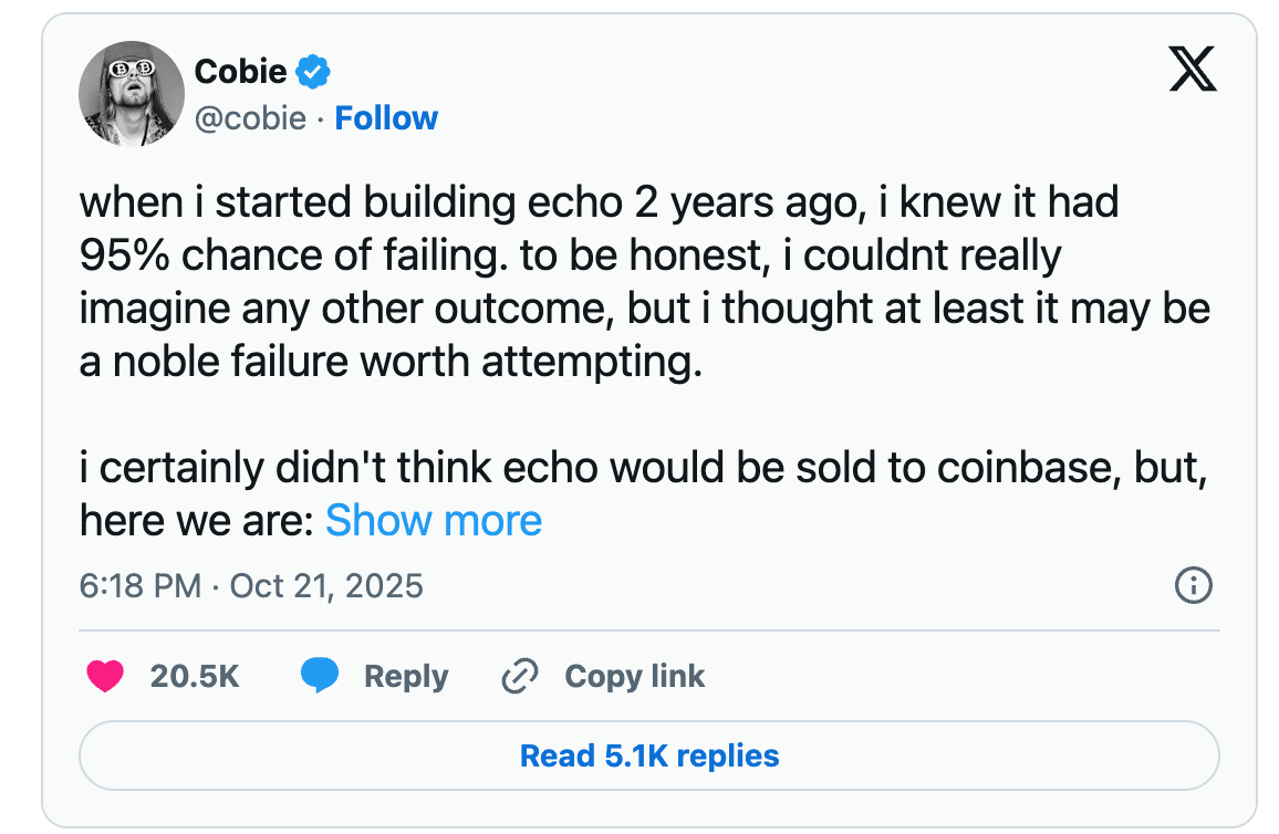 Coinbase 收购 Echo 背后：Cobie 从 200 美元入圈到名利双收的 13 年