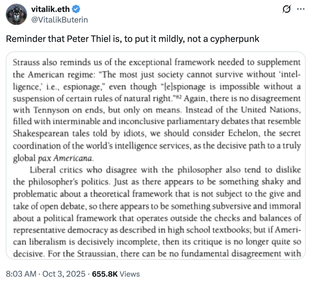 Vitalik公开质疑Peter Thiel的“非密码朋克”立场背后是科技思想的派系之争
