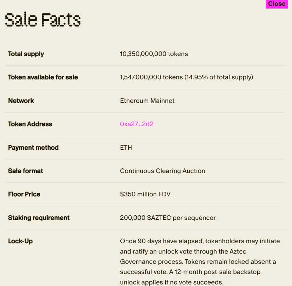 Aztec开放公募，速览拍卖细节以及代币经济学