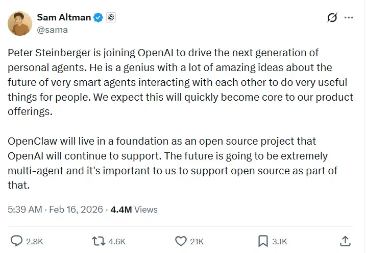 OpenClaw创始人加入OpenAI，目标“开发一款连我妈妈都能用的AI助手”