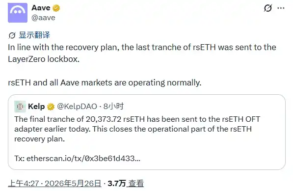 Kelp DAO 4亿美元坏账兜住了,但Aave付出了120亿美元的代价